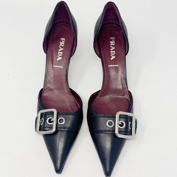 PRADA | Black Leather Heels with Silver Buckle D’Orsay Pumps Women’s Size 39 - Picture 3 of 12